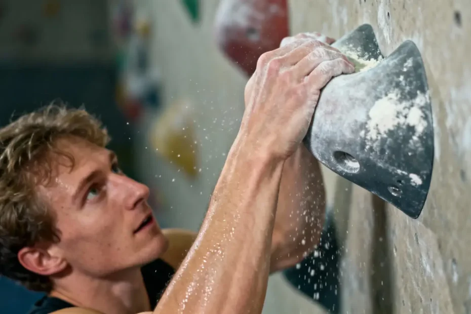 Grimpeur professionnel utilisant des techniques pour améliorer l'accroche des slopers humides en salle d'escalade