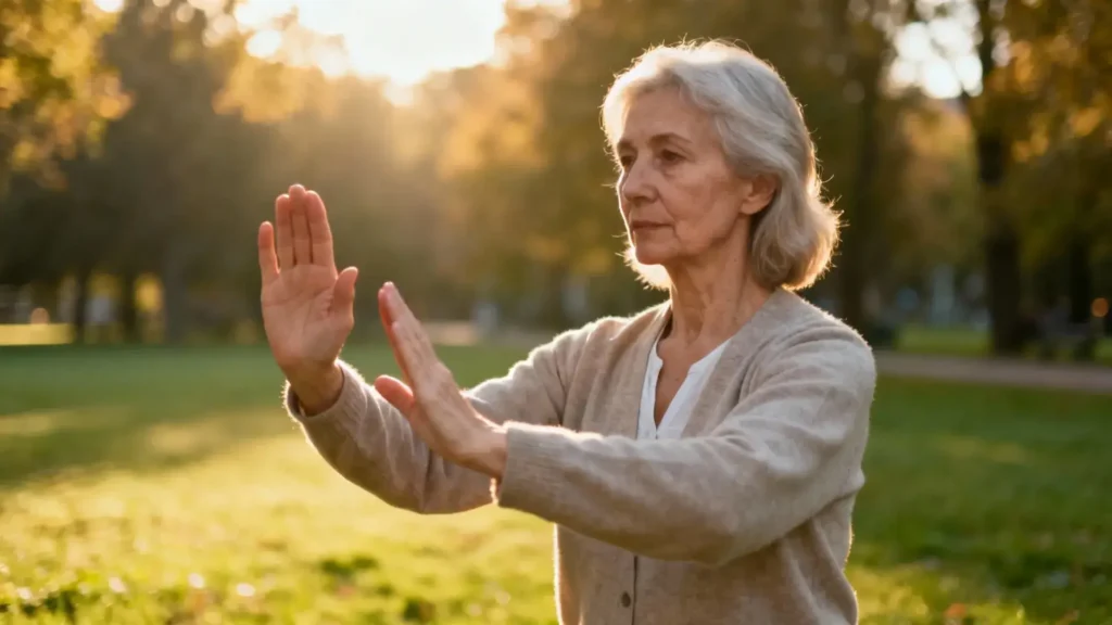 Personne âgée pratiquant le tai chi dans un parc pour stimuler sa mémoire et sa santé cognitive