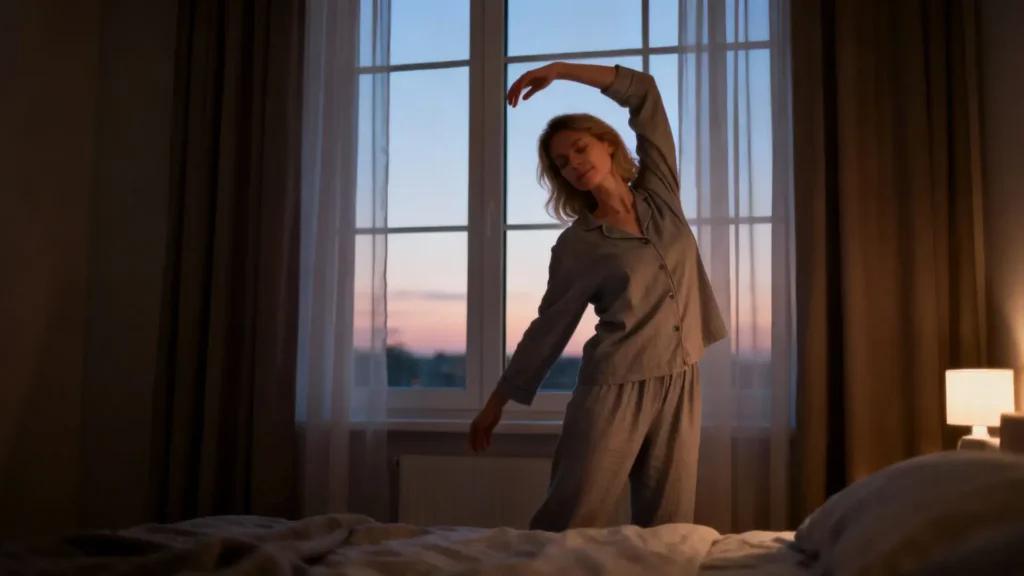 Personne effectuant des exercices debout simples dans une pièce bien éclairée pour améliorer la qualité du sommeil