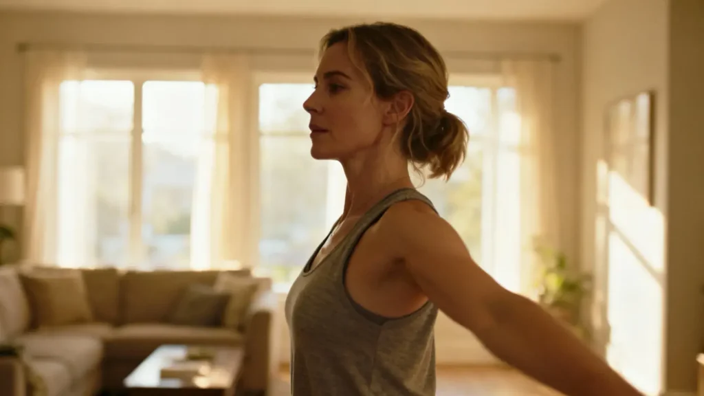 Femme souriante debout avec une main posée sur son ventre, dans une posture de soulagement des ballonnements