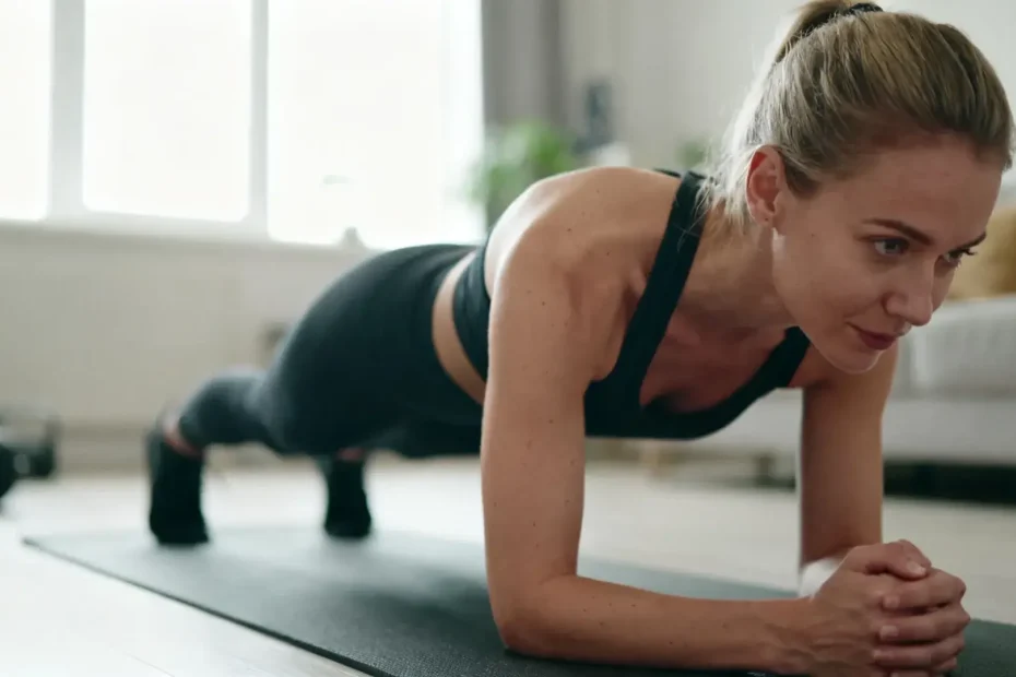 Personne effectuant un exercice de gainage sur un tapis de sport, avec une posture alignée et contrôlée