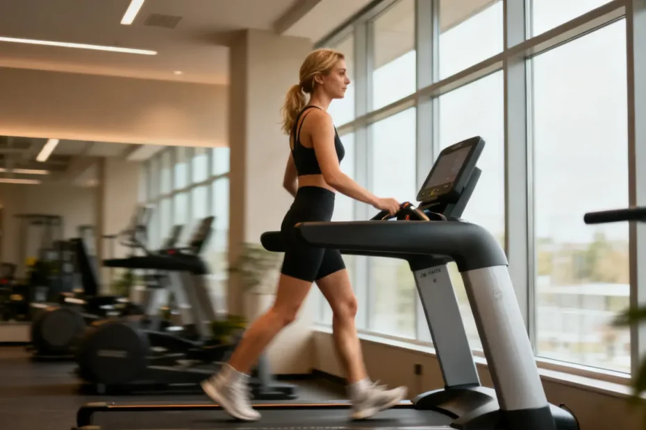 Personne marchant d'un bon pas dans un parc, équipée d'une montre connectée affichant des calories brûlées