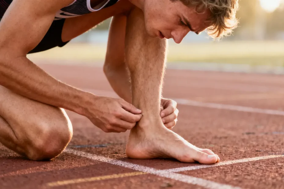 Personne marchant pieds nus sur un chemin de cailloux, visage légèrement crispé par l'effort