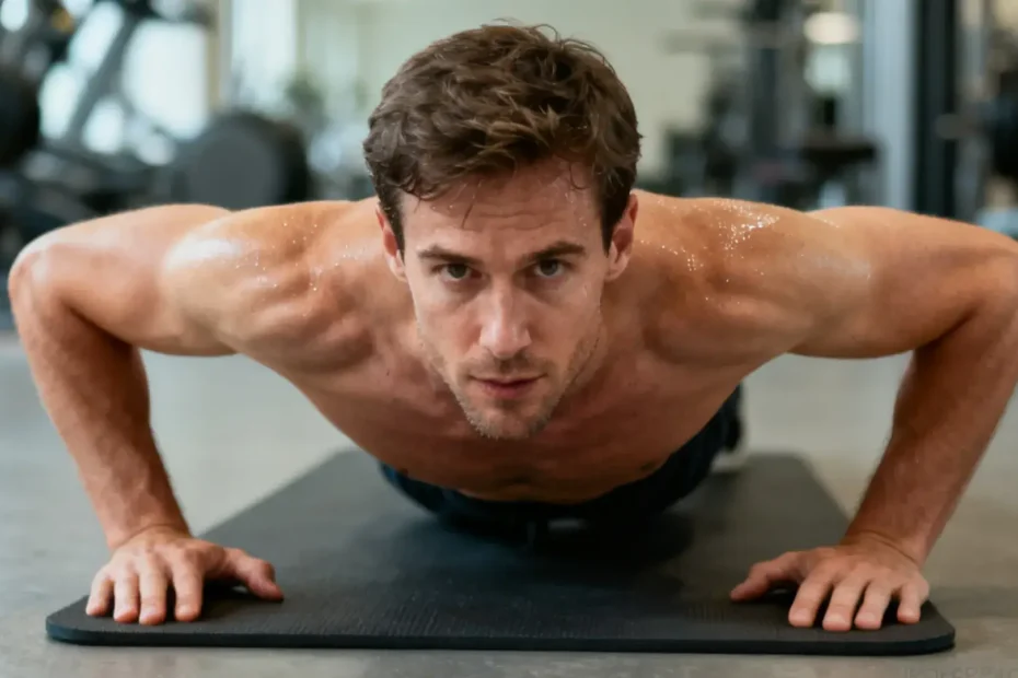 Personne effectuant des pompes avec les coudes écartés, montrant la position idéale pour éviter les blessures