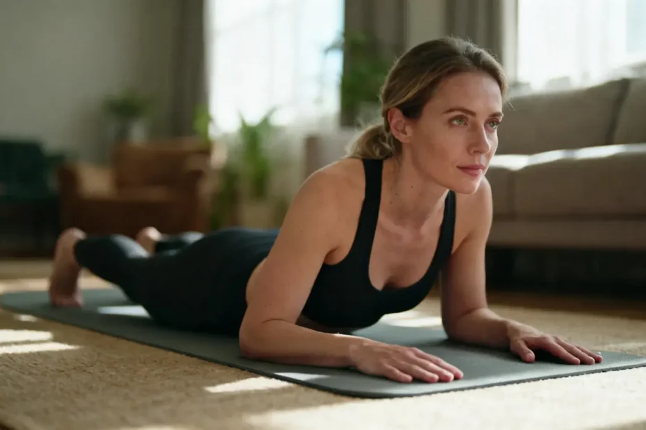 Femme souriante assise sur une chaise de bureau pratiquant des exercices de respiration pilates