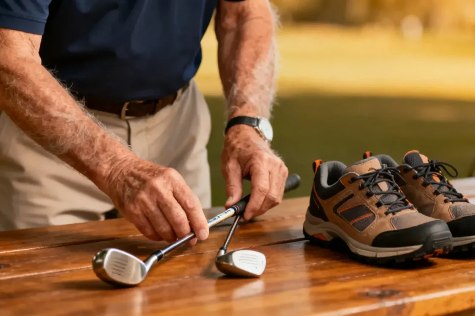 Senior souriant choisissant entre différentes activités sportives comme le golf, la marche et la natation