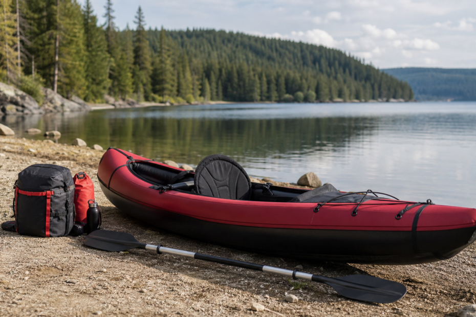 Kayak portable rouge sur la berge d’un lac, illustration éditoriale pour Razor Kayaks